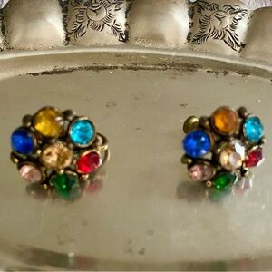 Vintage Multicolor Rhinestone Button Earrings – Screw Back